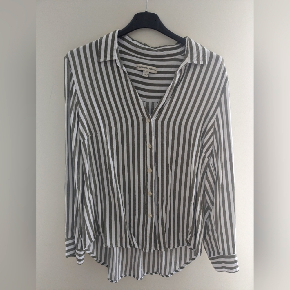 Striped Button Down Shirt by Jordan Alexander White with Green Stripes Size L
